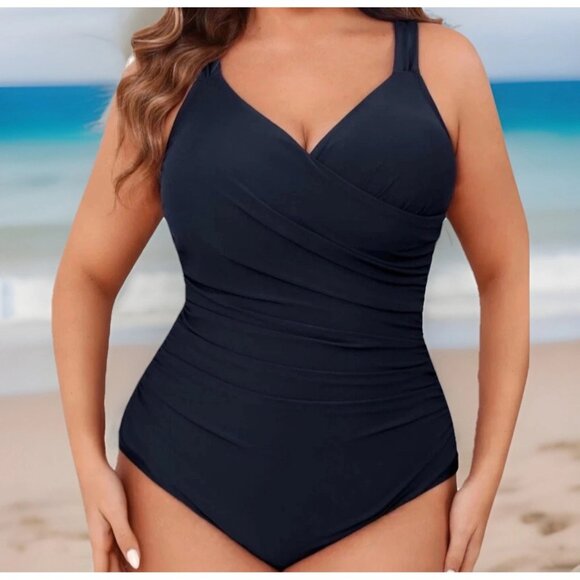 CUPSHE Plus Size 1X Navy Blue V-Neck One Piece Swimsuit Tummy Control Women - Picture 1 of 9
